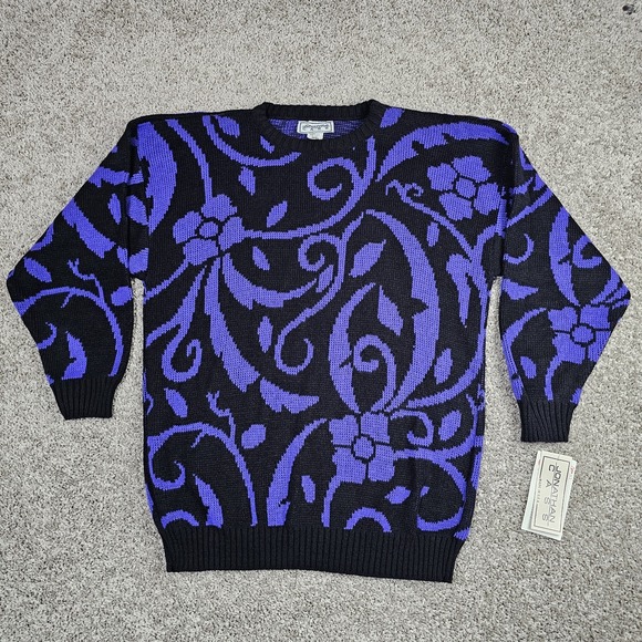 Vtg Jonathan Cass Sweater Womens Small Black Purple Floral Abstract Knit 80s - Picture 1 of 8